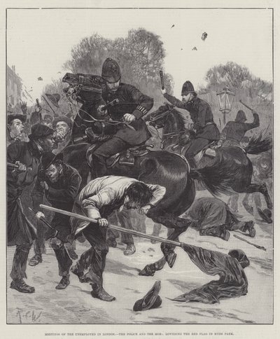 Bijeenkomsten van de werklozen in Londen, de politie en de menigte, het neerlaten van de rode vlag in Hyde Park door Richard Caton Woodville junior